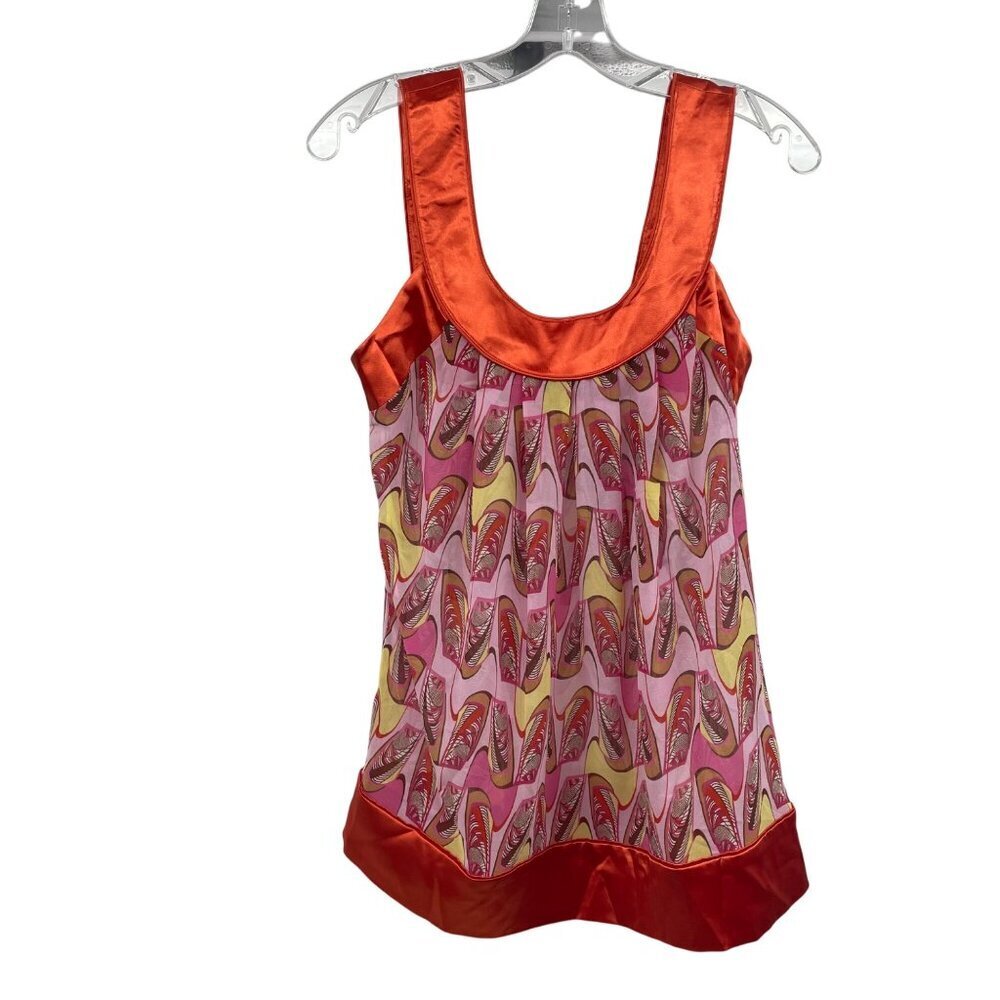 Axyeh Womens Sleeveless Sheer Top Orange/Multi Print Size Medium